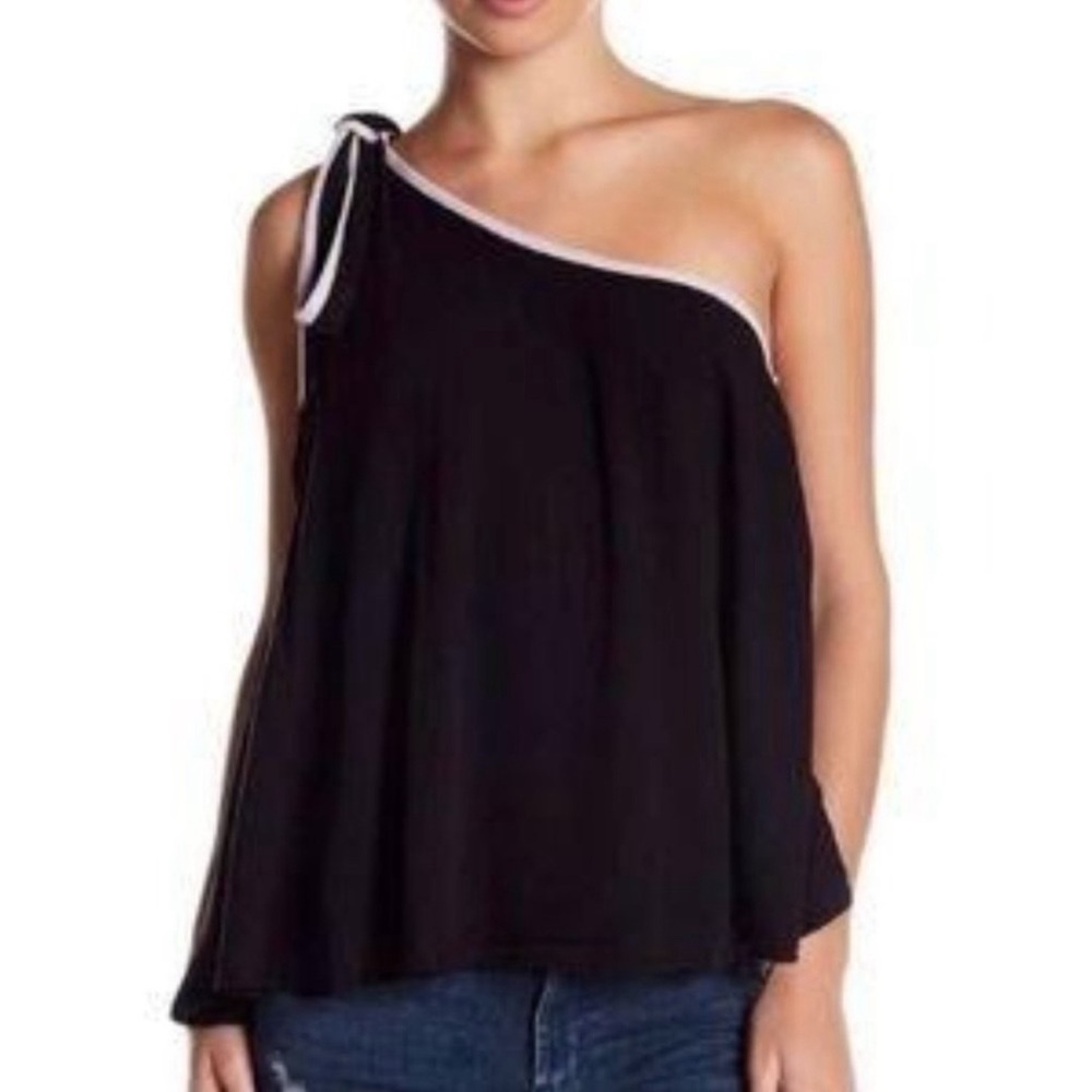 Free People One Shoulder Tie Tank Top Stretch Knit Crop Black Size XS